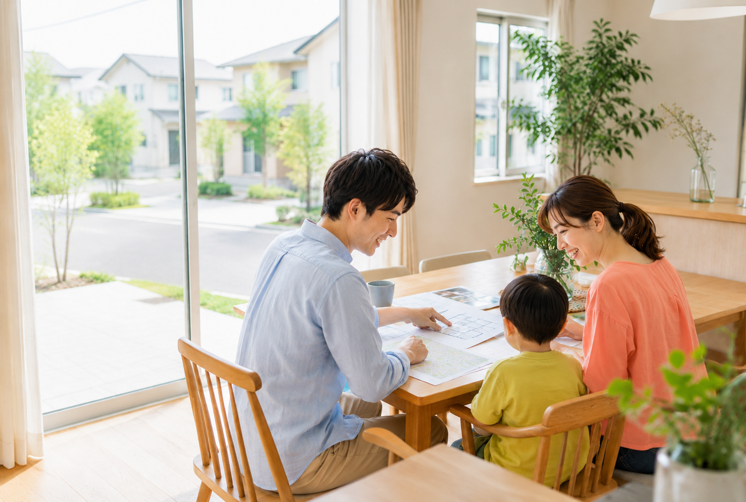 明るい室内で新築一戸建ての計画を話し合う家族